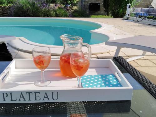 un plateau avec deux verres à vin sur une table à côté d'une piscine dans l'établissement Luxury house in Léobard with private pool, à Léobard