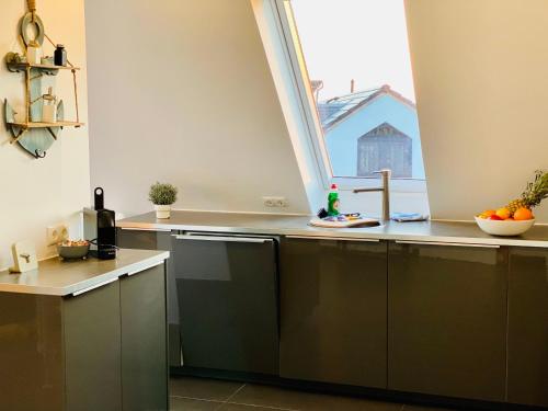 uma cozinha com um lavatório e uma janela em FeWo SEEBLICK - Familien - Hunde - strandnah - Ostseeblick - Sauna & Wellness em Sierksdorf