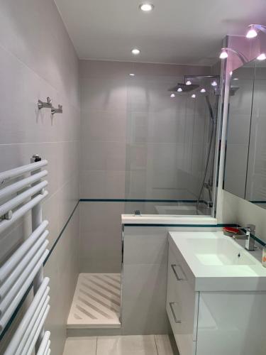 een witte badkamer met een wastafel en een spiegel bij Port Plage Centre Ville et Soleil in Saint-Raphaël
