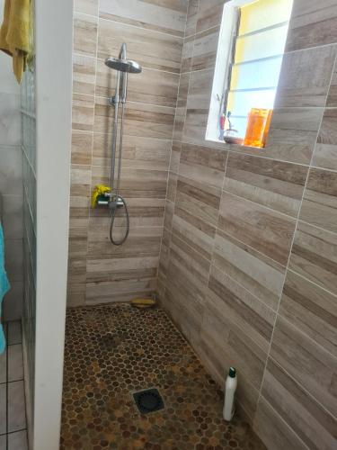 y baño con ducha y azulejos de madera. en CHEZ LILIANE en Saint-Denis