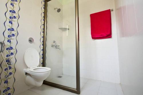 Palolem Luxury Apartments في محطة كاناكونا: حمام مع مرحاض ودش مع منشفة حمراء