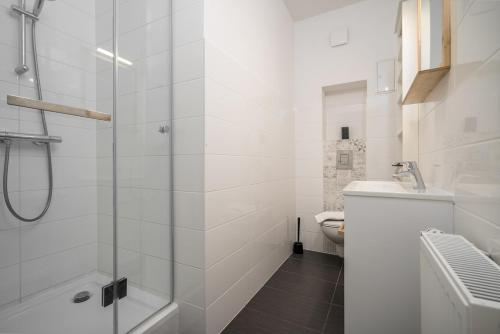 a white bathroom with a shower and a toilet at FeWo Haus kleine Müritz in Rechlin