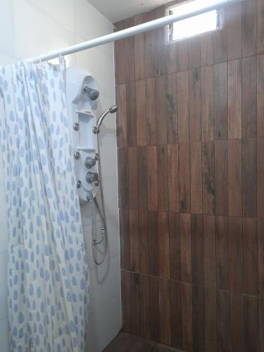 a bathroom with a shower with a wooden wall at Casa ROCIO in Chimbas