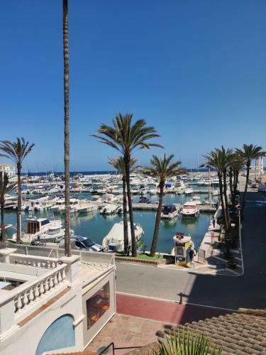 a view of a marina with palm trees and boats at Beautiful refurbished apartment Duquesa port in Casares