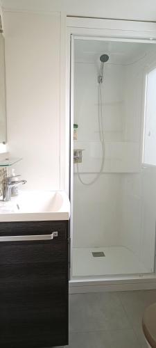 une salle de bain avec douche et lavabo dans l'établissement Océan Mobilhome Siblu Bonne Anse Village Vacances La Palmyre, aux Mathes