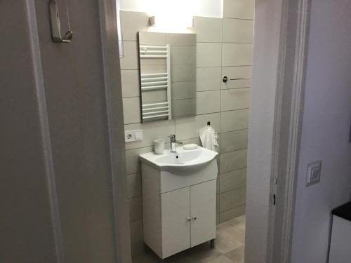 a bathroom with a white sink and a mirror at Casa Wagner in Sibiu