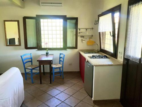 a kitchen with a table and chairs and a stove top oven at Villa Oliva in Canino