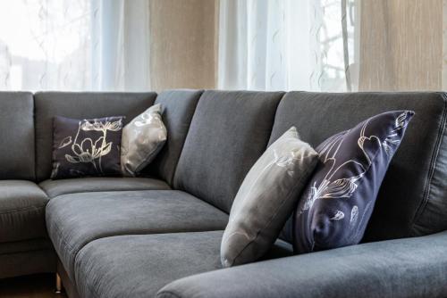 a gray couch with pillows on it in a living room at Lidobo 01 in Herdwangen-Schönach