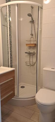 une salle de bain avec douche et toilettes dans l'établissement Le Cap d'Agde, très proche village naturiste, 2 mn à pied, un coin de détente dans la pinède, au Cap d'Agde