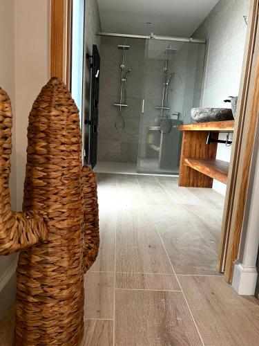 La salle de bains est pourvue d'une statue de douche. dans l'établissement La Maison d'Ambrine - La Villa Ibiza, à Chamaret