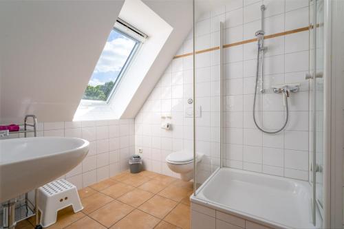 a bathroom with a shower and a sink and a toilet at Ferienappartement Müritzblick in Vipperow