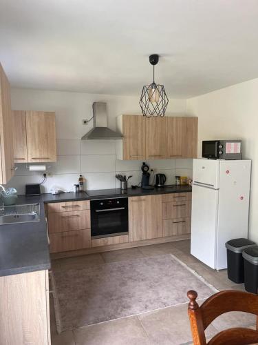 a kitchen with wooden cabinets and a white refrigerator at Pina's Appartment in Namur