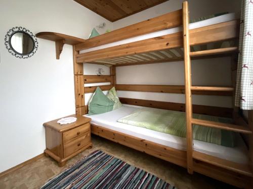 ein Schlafzimmer mit einem Etagenbett mit einer Leiter in der Unterkunft Apartments Haus Steinbock in Tauplitz