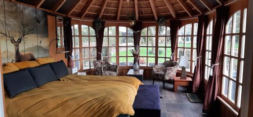 een slaapkamer met een bed in een kamer met ramen bij Kamer 22 Bed & Breakfast in Poppel