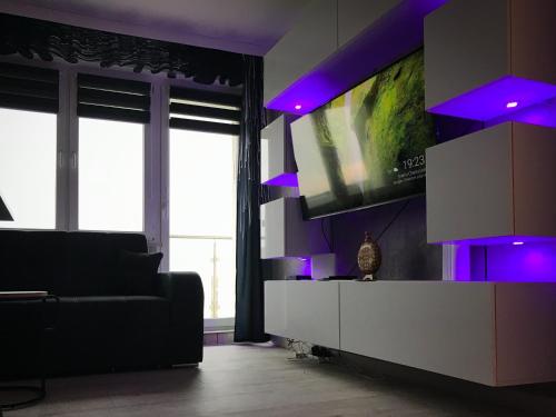 a living room with a couch and a large screen tv at Apartament Wolin z Widokiem Na Rzekę Dziwną - Valhalla Apart in Wolin