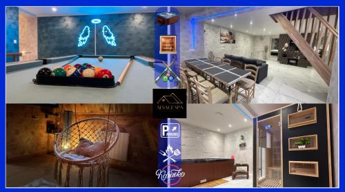 een collage van foto's van een kamer met een pooltafel bij Villa Spacieuse SPA Sauna Billiard Netflix in Straatsburg
