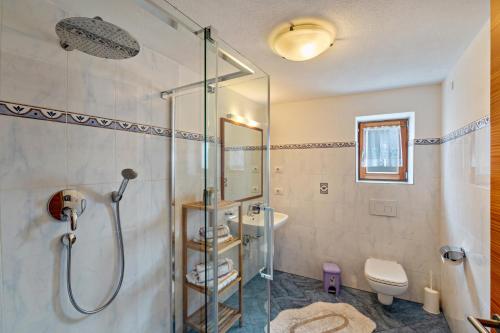 y baño con ducha, aseo y lavamanos. en Stöcklhuberhof, en Vandoies
