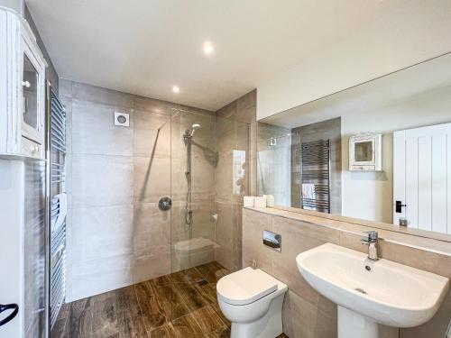 a bathroom with a toilet and a sink and a shower at The Kennels in Ballogie