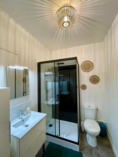 La salle de bains est pourvue d'un lavabo, de toilettes et d'un lustre. dans l'établissement Escale bohème - Terrasse en centre-ville - Gare, à Amiens