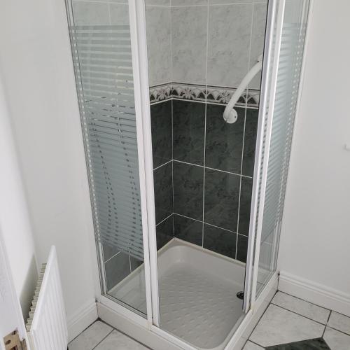 a shower with a glass door in a bathroom at Dun Maeve Guesthouse in Westport