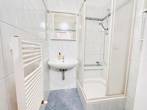ein weißes Bad mit einem Waschbecken und einer Dusche in der Unterkunft Charming Three Bedrooms apartment near Vienna Central Station in Wien