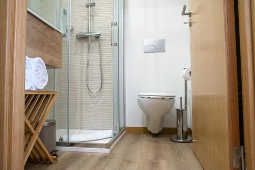 a bathroom with a toilet and a glass shower at Loureiro B&B in São Pedro do Sul
