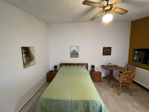 - une chambre avec un lit et un ventilateur de plafond dans l'établissement Linda casa en Barra de Carrasco, à Montevideo