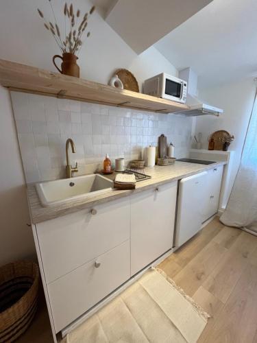 uma cozinha com um lavatório e um micro-ondas em Studio Pampa - Centre historique - Climatisation - WiFi em Grasse