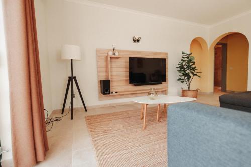 a living room with a couch and a tv at Casa Velha Apartments - Adults friendly in Albufeira