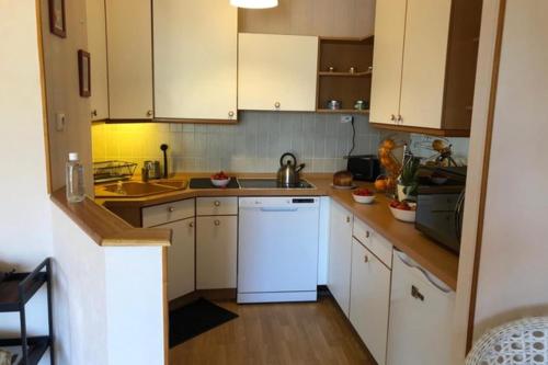La cuisine est équipée de placards blancs et d'un lave-vaisselle blanc. dans l'établissement Bright and quiet nest with terrace near beaches, à Saint-Malo