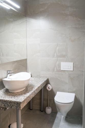 a bathroom with a sink and a toilet at Pensiunea Korona in Miercurea-Ciuc