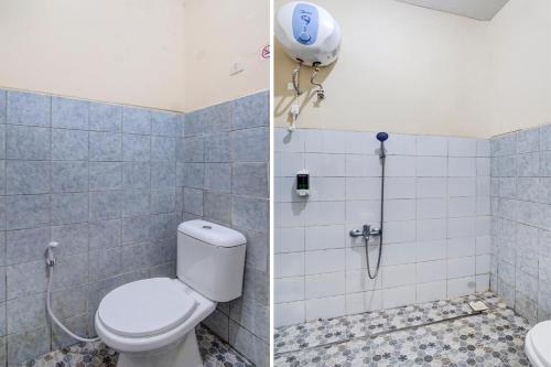 two pictures of a bathroom with a toilet and a shower at OYO Life 92499 Bagas Homestay Wonokitri in Pasuruan
