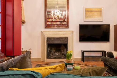 a living room with a fireplace and a tv at EXCLUSIVA CASA EN EL CENTRO HISTORICO de SEVILLA in Seville