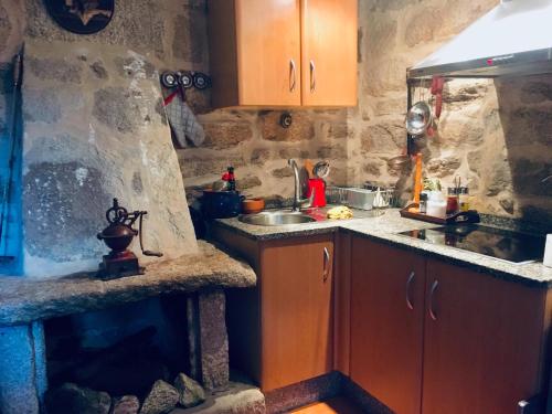 a kitchen with a sink and a counter top at Casa rural Buxo Ribeira Sacra in Carballedo