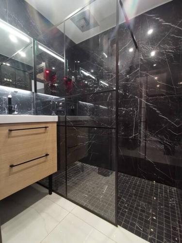La salle de bains noire est pourvue d'une douche et d'un lavabo. dans l'établissement Le Grand Tasso, à Marseille