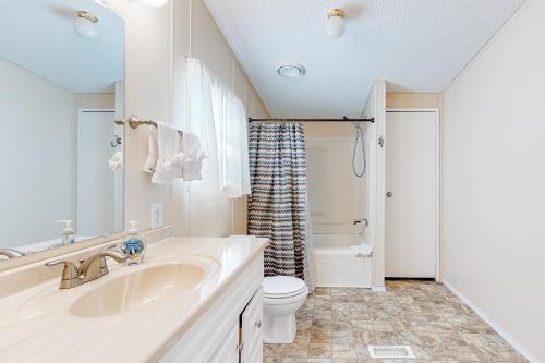 a bathroom with a sink and a toilet at Powell River Paradise in Alder