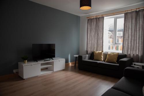 a living room with a couch and a tv at Cottenham - City Centre with Free Private Parking 2 toilets 4 Bedroom Sleeps 8 in Newcastle upon Tyne