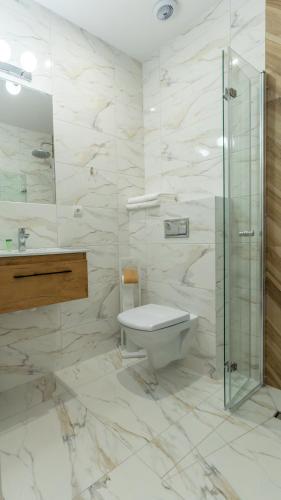 a bathroom with a toilet and a glass shower at Dworek Dębówko in Bartoszyce