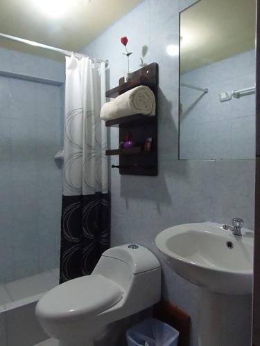 a bathroom with a white toilet and a sink at Hostal Pablo's House in Machu Picchu