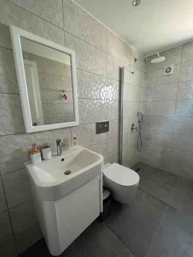 a bathroom with a white sink and a toilet at Hermes Penthouse Sea Sky & Mountains in Akanthou