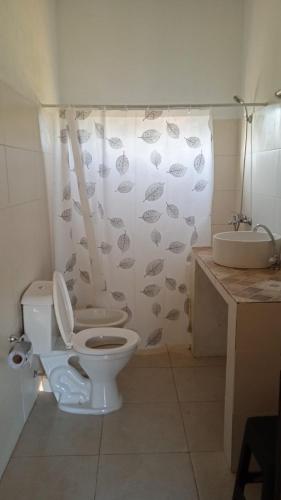 a bathroom with a toilet and a sink and a shower curtain at Casa en Pueblo Centenario in Pueblo Centenario