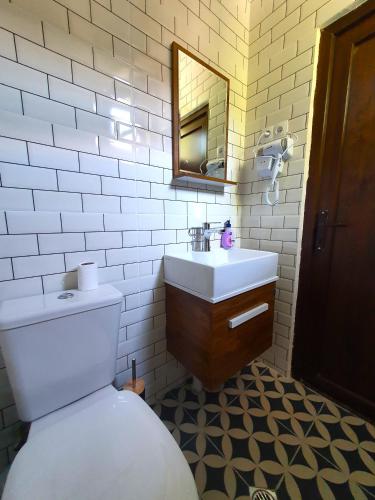 a bathroom with a toilet and a sink and a mirror at Cottage in Racha Mero in Nikortsminda