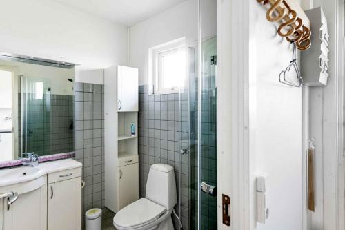 un bagno con wc e doccia in vetro di Bornholm Holiday Apartment With Sea View ad Allinge