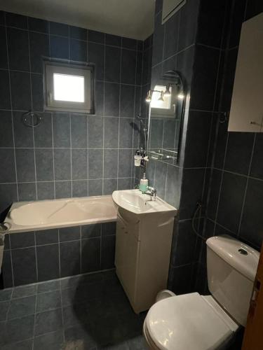 a bathroom with a toilet and a sink and a tub at Apartament Zarnesti in Zărneşti