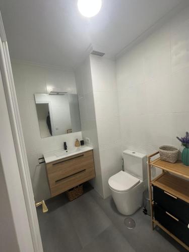 a bathroom with a toilet and a sink and a mirror at La Estación in Avilés