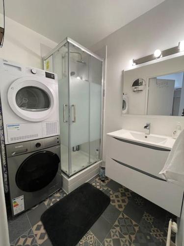 une salle de bain avec une machine à laver et un lavabo dans l'établissement APPARTEMENT COSY Balcon à 30min de PARIS, à Cergy