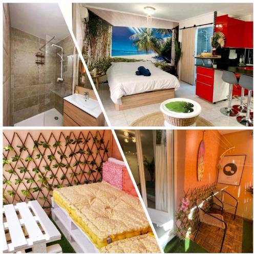 un collage de quatre photos d'une chambre d'hôtel dans l'établissement Le studio TAHITI 4 pers 600m de la plage la favière, à Bormes-les-Mimosas