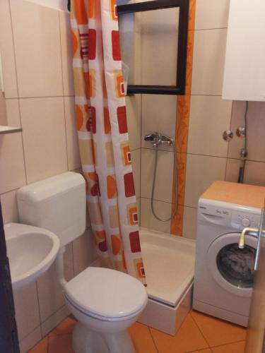 a bathroom with a toilet and a washing machine at Apartment Ranka in Postira