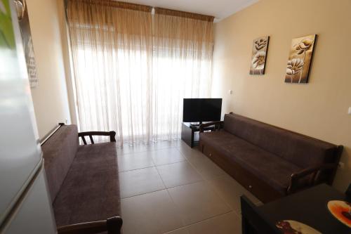 een woonkamer met een bank en een televisie bij Indigo luxury apartments in Olympiakí Aktí