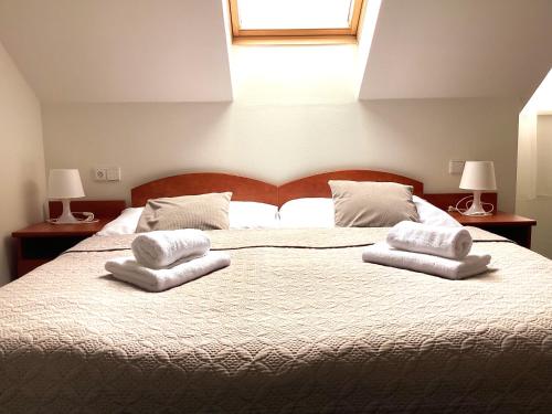 a bedroom with a large bed with two pillows on it at Hotel Karolina in Karlovy Vary
